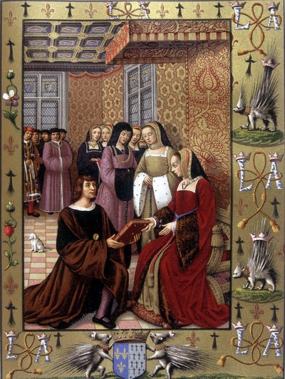 Jean Marot tilbyder sin bog, Le Voyage de Genes, til dronning Anne af Bretagne efter en belysning af Jean Bourdichon, omkring 1508 af Jean (after) Bourdichon