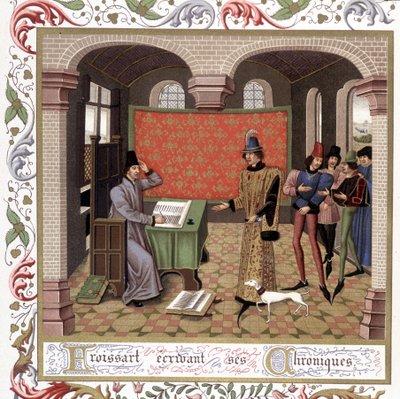 Froissart skriver sine krøniker - Miniature, middelalder af Jean (after) Froissart