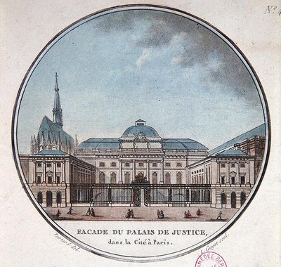 Facaden af Palais de Justice, ca. 1785 (farve litho) af Jean (after) Testard