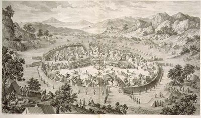 Tchao-Hoei besætter sine tropper med øvelser og militærlege i 1758, plade 5 fra en række aftryk, der repræsenterer erobringerne af Qianlong, Kinas kejser, indgraveret af Pierre Philippe Choffard (1730-1809) 1772 (gravering) af Jean (d.1781) (after) Damascene