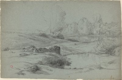 En stenet eng ved en flod af Jean Achille Benouville