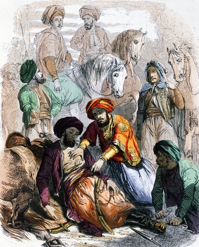 Ibrahim Pasha (1789-1848) velsigner en døende soldat under felttoget mod wahhabitterne. af Jean Adolphe Beauce