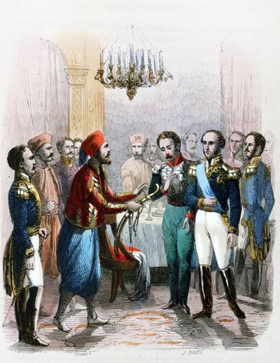 Rencontre entre Ibrahim Pacha (1789-1848) et le colonel Joseph Anthelme Seve (Soliman Pacha, Suleyman Pasha ou Soliman al-Fransawi Pasha). af Jean Adolphe Beauce