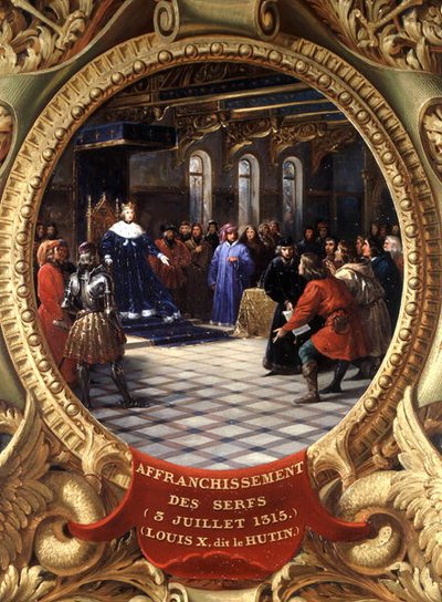 Ludvig X (1289-1316) den stædige, konge af Navarra, som giver de livegne stemmeret, 3. juli 1315 (olie) af Jean Alaux