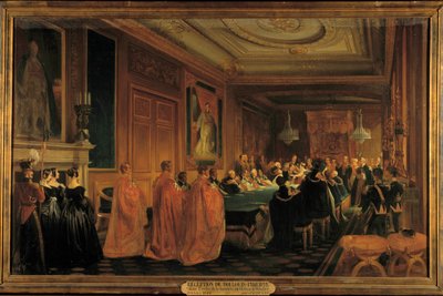 Dronning Victoria (1819-1901) modtog kong Louis-Philippe 1. (1773-1850) som ridder i rækken af Jarretiere på Windsor Castle af Jean Alaux