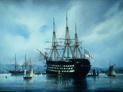 Et engelsk krigsskib for anker ud for en havn af Jean Altamura