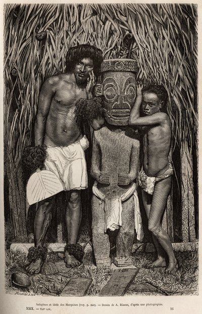 En indbygger på øen Hiva-Oa (Hiva Oa) og hans søn, der omkranser et udskåret træidol, der forestiller guden Tiki, i øgruppen Marquesas-øerne, indgraveret efter en tegning af A.Rixens, der illustrerer minderne om Stillehavet, i 1872-1874, af af Jean Andre Rixens
