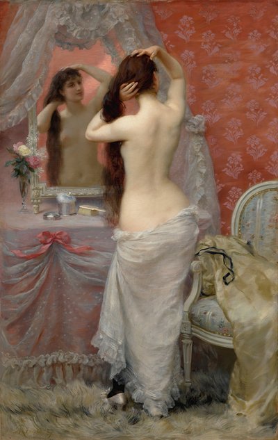 Nøgen ung kvinde reder sit hår i et interiør, 1887. af Jean Andre Rixens
