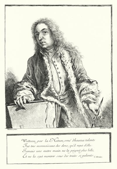 Selvportræt af den franske kunstner Antoine Watteau (gravering) af Jean Antoine (after) Watteau