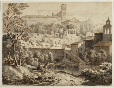 En kunstner, der skitserer langs en flodbred, under en italiensk by, ca. 1780 (blæk og vask på lagt papir, spor af sort kridt) af Jean Antoine Constantin