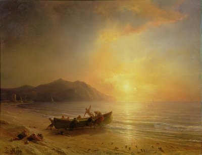Et kystlandskab med arabiske fiskere, der søsætter en båd ved solnedgang af Jean Antoine Theodore Gudin