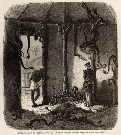 Inde i templet af feticheslanger, i Wydah, i Dahomey (nuværende Benin), tegning af Jean Antoine Foulquier (1822-1896), for at illustrere Dr. Repins rejse til Dahomey i 1860. Indgravering i "" Le tour du monde" ”, redigeret af Edouard Charton af Jean Antoine Valentin Foulquier
