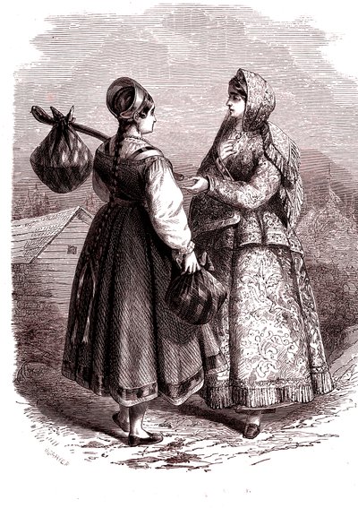 Rusland. Kvinder fra Valdaiy-bjergene. 1865 (gravering) af Jean Antoine Valentin Foulquier