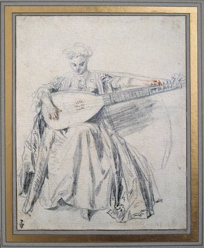 En lutspiller tegner en blymine og blod af Jean Antoine Watteau (1684-1721) Chantilly-museet Conde fra det 18. århundrede af Jean Antoine Watteau