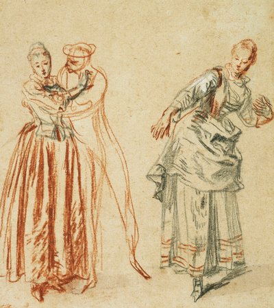 En scene fra commedia dell"arte: En pige, der modsætter sig en komikers fremskridt, og en skuespillerinde, der udfører et skridt, ca. 1718 af Jean Antoine Watteau