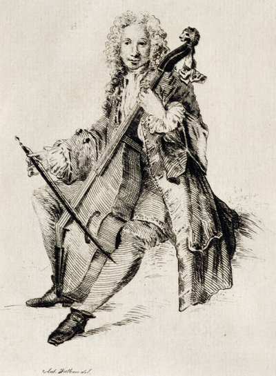 Cellospiller, af Jean Antoine Watteau (1684-1721), gravering, Frankrig af Jean Antoine Watteau