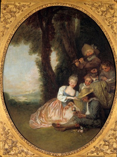 Champetre-koncert eller "" Den forventede erklæring"". Ungt forelsket par rødmer. Rokoko-maleri af Jean Antoine Watteau (1684-1721) af Jean Antoine Watteau