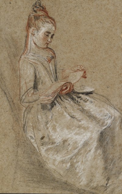 Pige, der sidder med en musikbog på skødet (sort, rød og hvid kridt på brunt papir med groft tekstur) af Jean Antoine Watteau