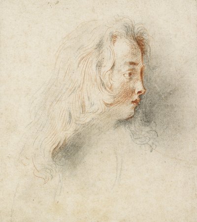 Hoved af en dreng i profil (sort og rødt kridt på plettet råhvidt papir) af Jean Antoine Watteau