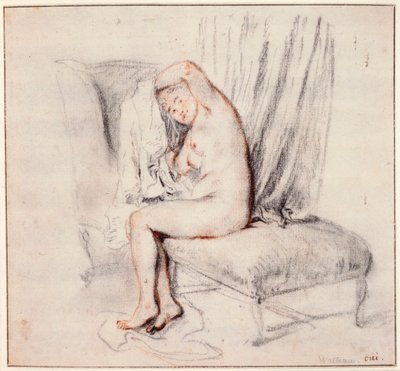 Nøgen kvinde sidder på en chaiselong og tager sin skjorte på, 1700-tallet. af Jean Antoine Watteau