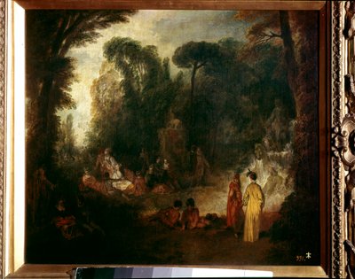 Fest i en park Picnic, snak og gåtur i skoven. Maleri af Jean Antoine Watteau (1684-1721), omkring 1712-1713. Olie på lærred. Mål: 48x55 cm. Madrid, Prado-museet af Jean Antoine Watteau