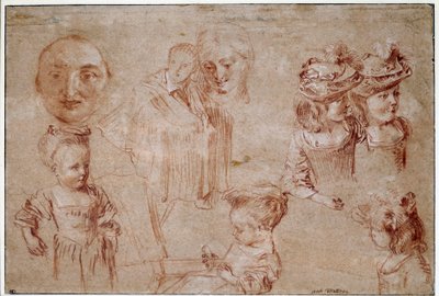 Pjerrots maske, fem piger i buste, en mands drapering og en kvindes ansigt. Tegning af blod og kridt hække af Jean Antoine Watteau (1684-1721) 1700-tallet Sun. 0,27x0,4 m Paris, Musée du Louvre af Jean Antoine Watteau