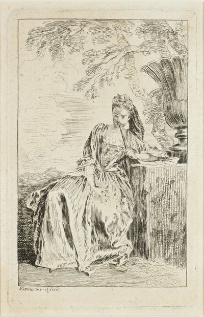 Siddende kvinde, der læner sig op ad en piedestal af Jean-Antoine Watteau