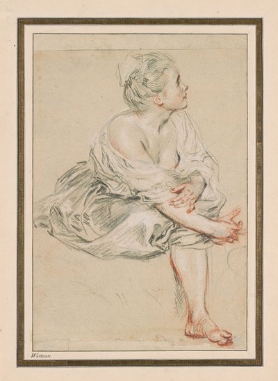 Siddende ung kvinde, ca. 1716 (sort, rød og hvid kridt på papir) af Jean Antoine Watteau