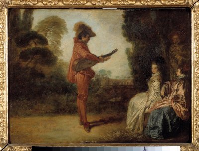 The Enchanting En ung musiker, der forfører to unge kvinder med sin musik. Maleri af Jean Antoine Watteau (1684-1721) af Jean Antoine Watteau