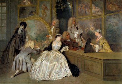 Valget. Den rigtige detalje af tegnet Gersaint. Karakterer i en kunstbutik, der vælger de værker, de vil købe. Edme Francois Gersaint (1694-1750), malerhandler, hvis galleri ligger i Paris på broen Notre-Dame. Maleri af Jean Antoine Watt af Jean Antoine Watteau