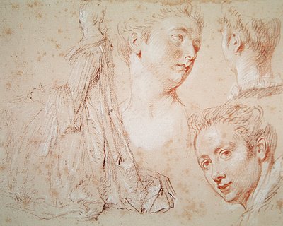 Three Heads and a Seating Woman, ca. 1716 (farveblyant med sort og rød kridt på papir) af Jean Antoine Watteau