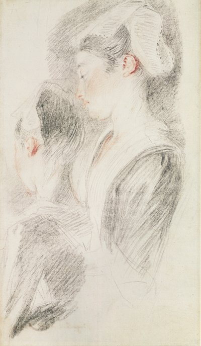 To undersøgelser af en kvinde, tre fjerdedele bagfra, en i profil (sangvinsk og sort kridt på papir) af Jean Antoine Watteau