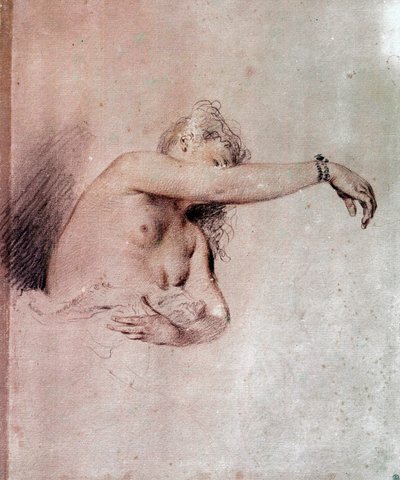 kvinde nøgen, arm løftet Tegning af et blod af Jean Antoine Watteau (1684-1721) 1700-tallets søn. 0,28x0,23 m Paris, Musée du Louvre af Jean Antoine Watteau