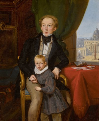Portræt af grev Pyotr Ivanovich Meshchersky 1802-1876 med sønnen Nikolai, 1935. af Jean Auguste Bard