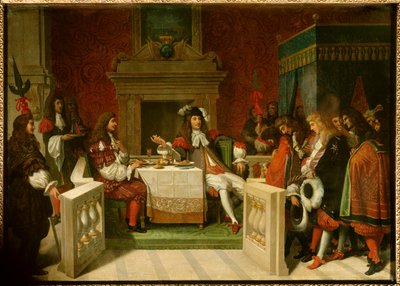 Ludvig XIV og Moliere: Kong Ludvig XIV (1638-1715) og Jean Baptiste Poquelin dit Moliere (1622-1673) til bords foran hofmændene. Maleri af Jean Auguste Dominique Ingres (1780-1867) af Jean Auguste Dominique Ingres