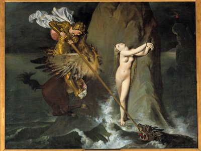 Roger delivrant Angelique Angelique (Angelica) bliver befriet af Roger (Ruggero, Ruggiero) rider på en flodhest - Illustration af X Chant af "" Furious Roland"" (Orlando furioso) af Ludovic Ariosto (Arioste) - Maleri af Jean Auguste Dominique Ingres (1 af Jean Auguste Dominique Ingres