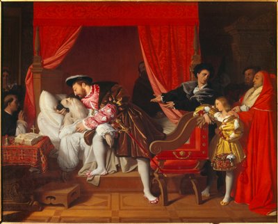 Kongen af Frankrig Francois I (1492-1547) modtager Leonard de Vincis sidste suk ved clos Luce af Jean Auguste Dominique Ingres