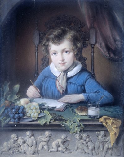Portræt af en dreng, der sidder i en vinduesniche og iført en blå jakke af Jean Augustin Daiwaille (attributed to)