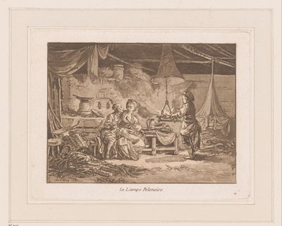 Interiør af en lade med to figurer på en bænk og en mand ved et bål La Lampe Polonoise (titel på objekt) af Jean Baptist Leprince