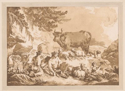 Hvilende satyrer mellem får og en ko i et landskab af Jean Baptist Leprince