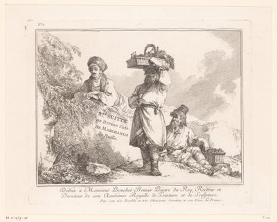 Titeltryk med tre gadesælgere med deres varer nær en sten 2me Suitte de Divers Cris de Marchands de Russie (serietitel på objekt) Russiske gadesælgere og handlende (serietitel) af Jean Baptist Leprince