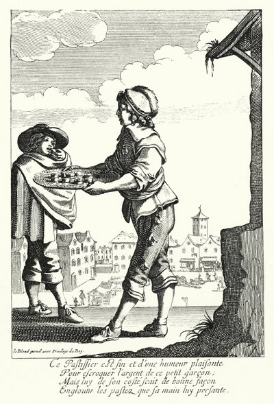 Tærte-sælgeren (gravering) af Jean Baptiste Alexandre (after) Le Blond