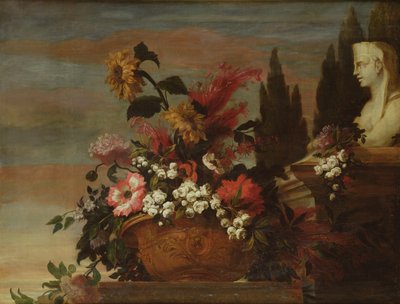 Blomster i et bassin og en sfinx af Jean Baptiste Belin de Fontenay