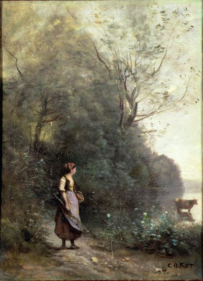 En bondekvinde græsser en ko i udkanten af en skov, ca. 1865-70 af Jean Baptiste Camille Corot
