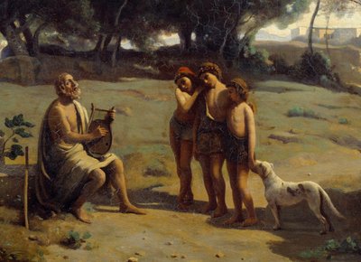 Detalje af maleriet "" Homere and Shepherds""". Den græske digter på øen Pathmos og de tre unge drenge. Maleri af Camille Corot (1796-1875) 1845 søn. 0,8x1,3 m Saint Lo, Musee des Beaux Arts af Jean Baptiste Camille Corot