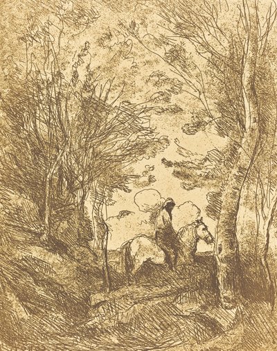Rytter i skoven, stor tallerken Le Grand Cavalier sous bois, ca. 1854. af Jean Baptiste Camille Corot