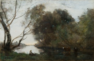 Sø: Nedgående sol, c1820-1860. af Jean Baptiste Camille Corot