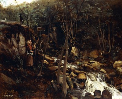 Lormes - En torrent med en stående bonde, spinding uld, 1842 af Jean Baptiste Camille Corot