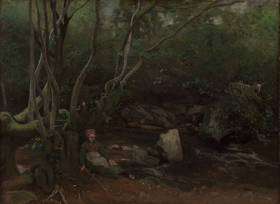 Lormes: Gedepige, der sidder ved siden af en bæk i en skov af Jean Baptiste Camille Corot