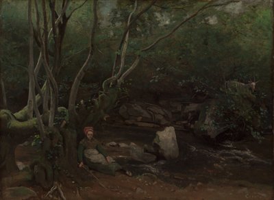 Lormes: Gedepige, der sidder ved siden af en bæk i en skov, 1842. af Jean Baptiste Camille Corot